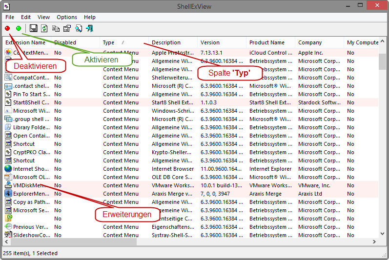 Deaktivieren von Shell-Erweiterungen mit ShellExView