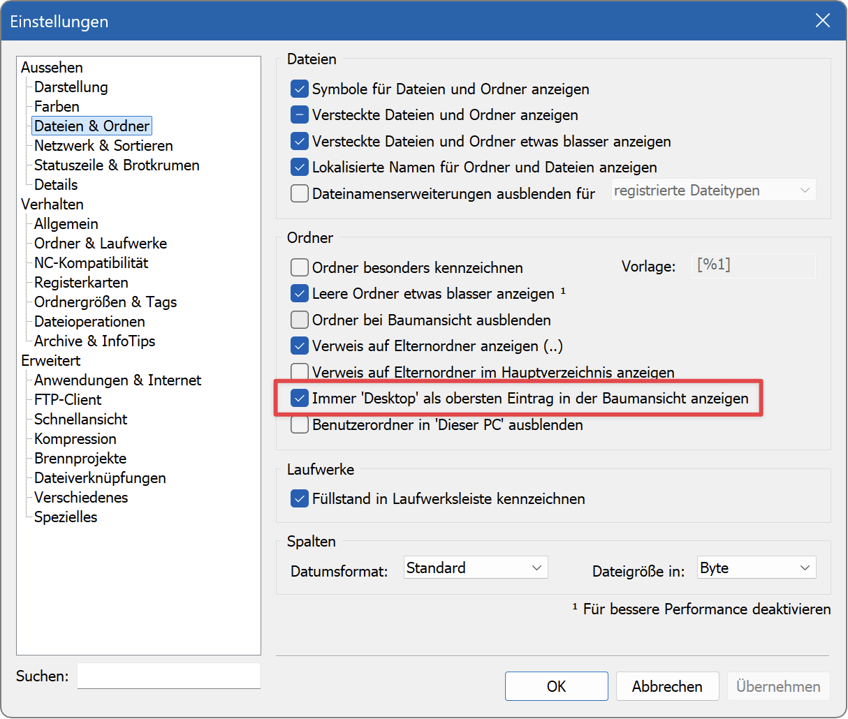 Desktop als obersten Eintrag anzeigen